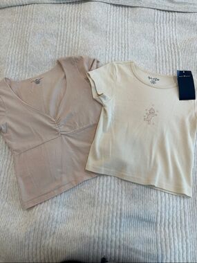 Brandy Melville Cream Tee & Blush V‑Neck Crop Top Set